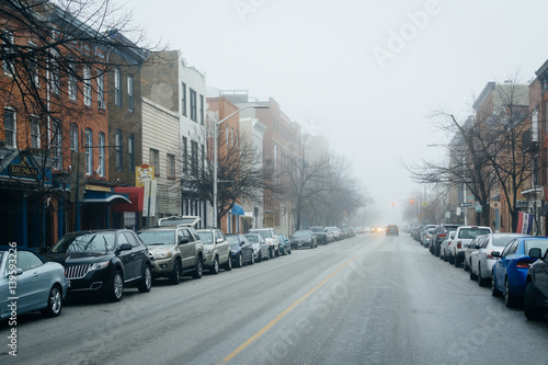 Aliceanna Street in fog, in Fells Point, Baltimore, Maryland.
