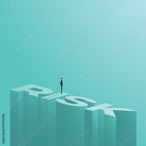 Businessman figure standing on a word risk at great height. Business risk assessment or management vector symbol background.