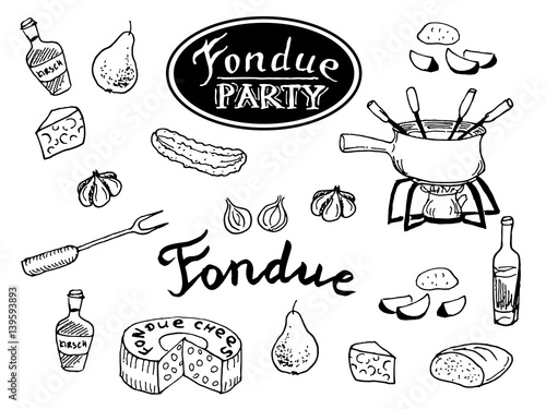 Swiss traditional fondue ingredients set of cheese, pot, cucumber, pear, bread, wine bottle. Hand drawn sketch on white background
 photo