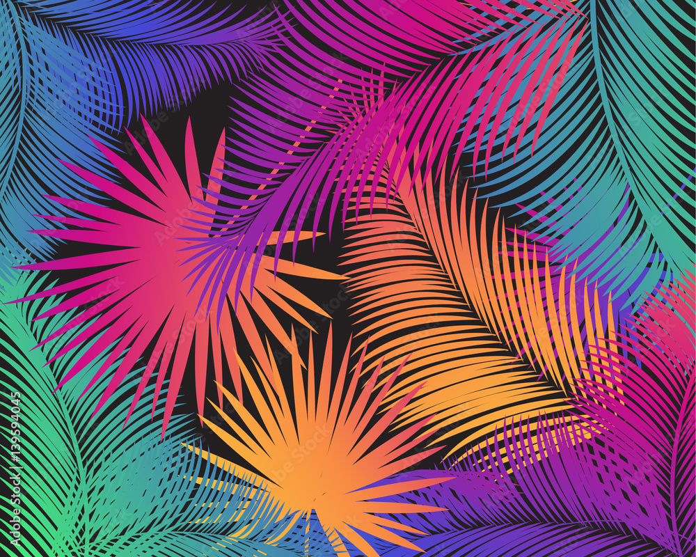 Obraz premium Karnawał streszczenie kolorowe palmy wzór liści. Vector night party, tropical palm leaves frame, egzotyczne, liść palmowy, tło