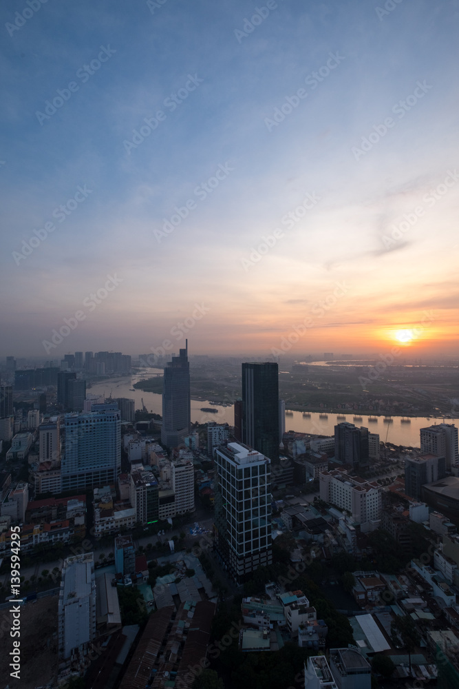 Ho Chi Minh city, Vietnam - February 26, 2017: Aerial view of houses and Business and Sai Gon Center of Ho Chi Minh city
