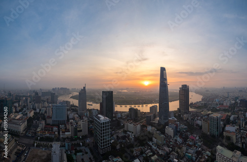 Ho Chi Minh city, Vietnam - February 26, 2017: Aerial view of houses and Business and Sai Gon Center of Ho Chi Minh city