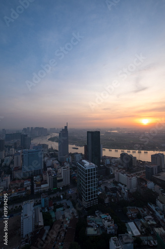 Ho Chi Minh city, Vietnam - February 26, 2017: Aerial view of houses and Business and Sai Gon Center of Ho Chi Minh city