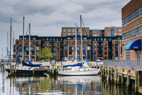 Boats and waterfront residences in Fells Point, Baltimore, Maryland.