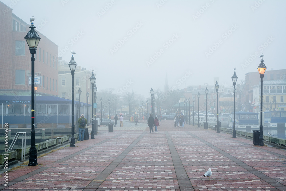 Broadway Pier in fog, in Fells Point, Baltimore, Maryland.