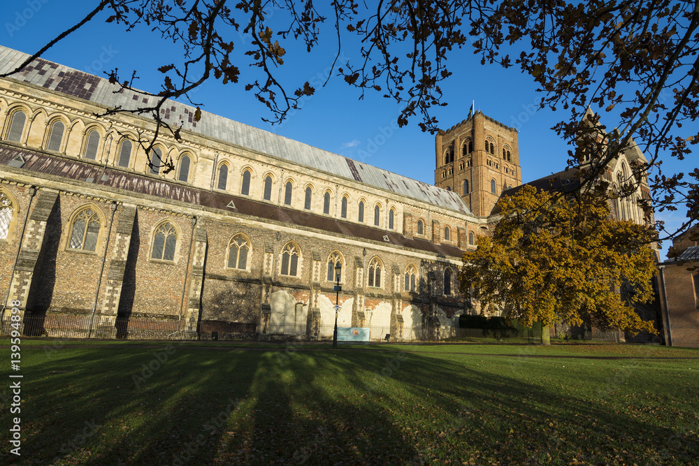 St Albans cathedral and grounds in golden sunlight