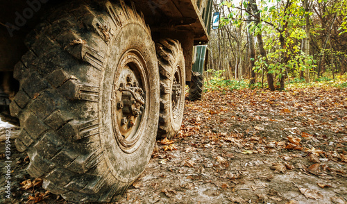 View of wheels of heavy truck in autumn forest area