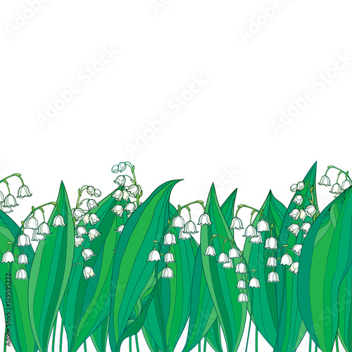 Vector border with outline white Lily of the valley or Convallaria flower and green leaves isolated. Ornate floral element for spring design or greeting card. Border with May lily in contour style.