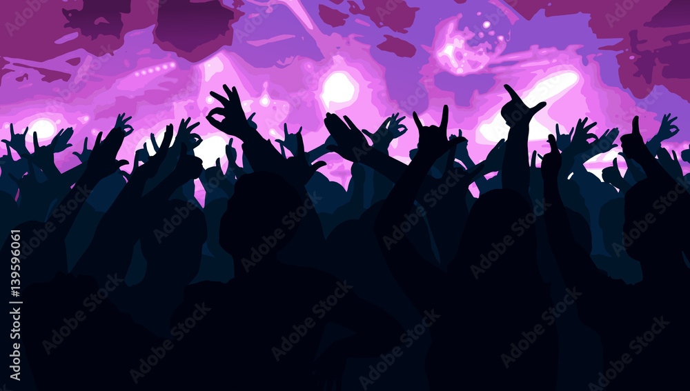 Silhouettes of dancing people in club in front of bright stage lights - disco concept, vector illustration