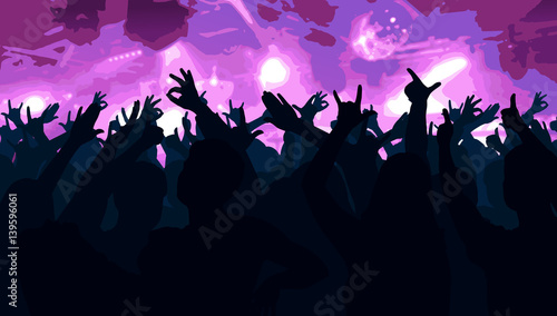 Silhouettes of dancing people in club in front of bright stage lights - disco concept, vector illustration