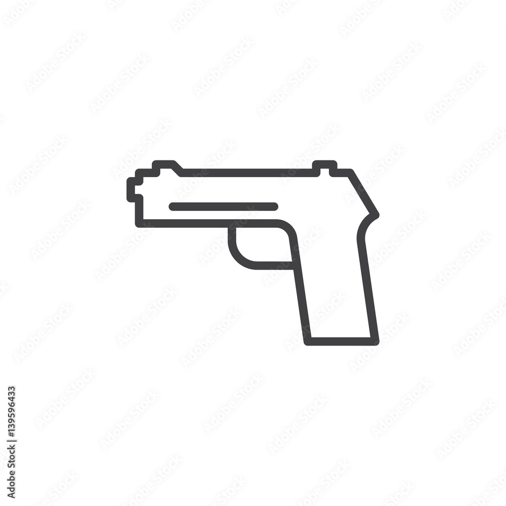 Gun, pistol, handgun line icon, outline vector sign, linear style pictogram isolated on white. Firearm symbol, logo illustration. Editable stroke. Pixel perfect