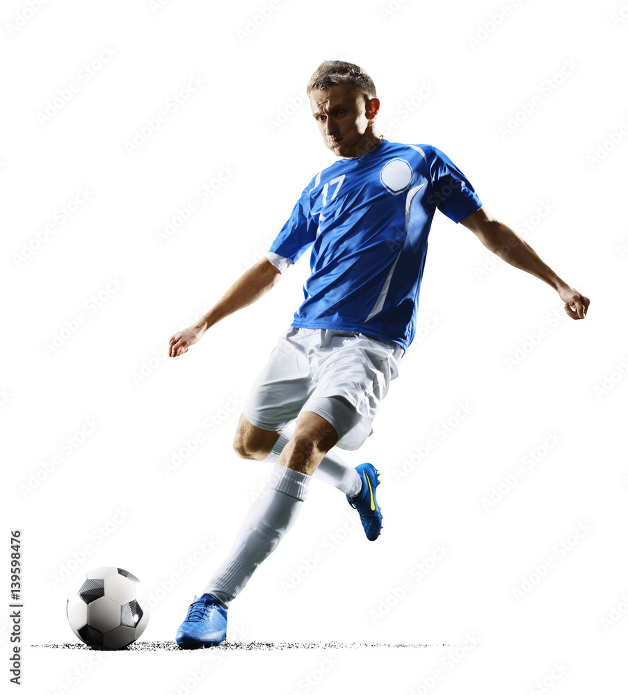 Professional football soccer player in action isolated white background