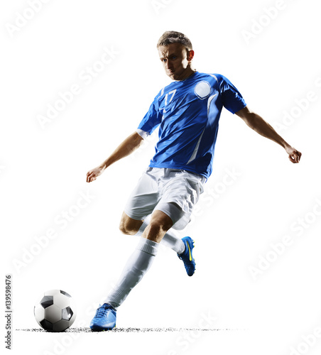 Professional football soccer player in action isolated white background