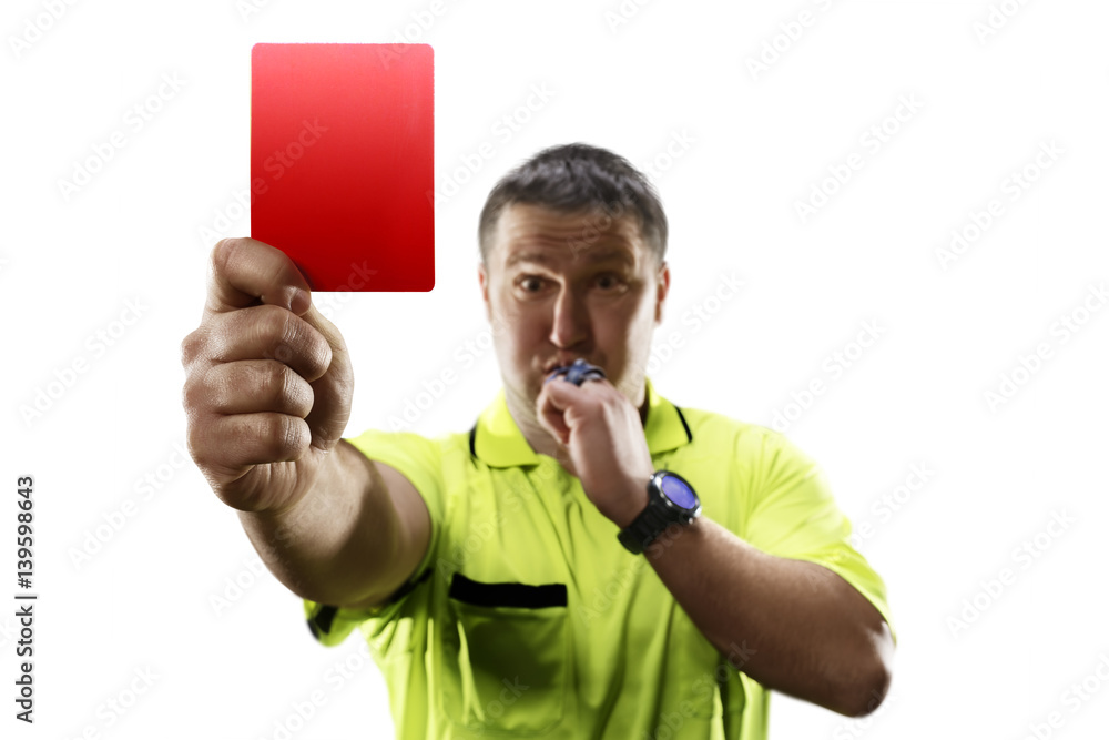 Professional soccer referee giving the red card isolated StockFoto
