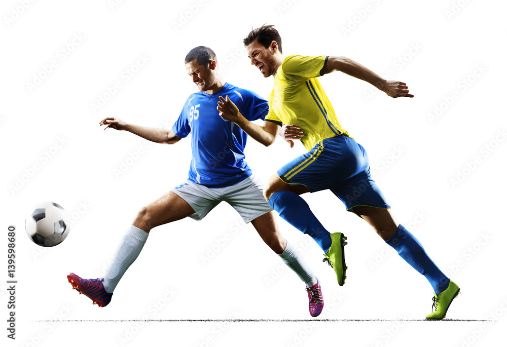 Soccer players in action on the white isolated background