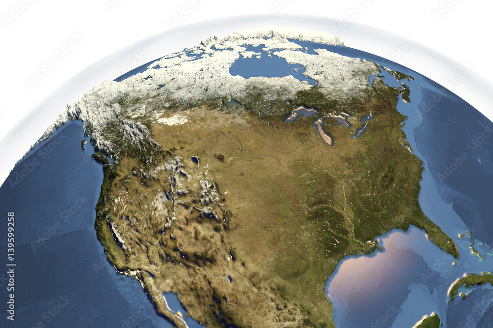 Fototapeta premium Planet Earth from space showing USA and Canada in winter with enhanced bump, 3D illustration, Elements of this image furnished by NASA