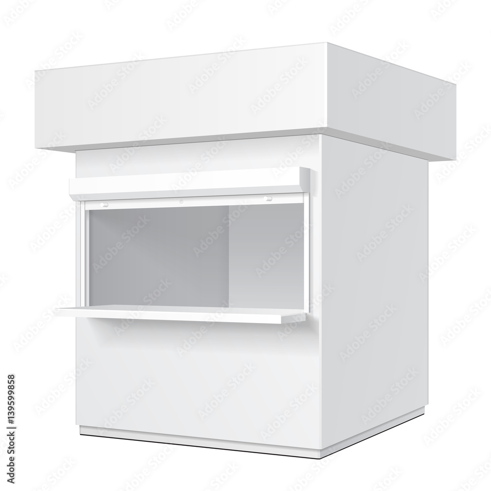 Promotional Or Trade Outdoor Kiosk, Stand, Newsstand. Open-fronted Hut Or Cubicle. Mock Up, Template. Illustration Isolated On White Background. Ready For Your Design. Product Advertising Vector EPS10 Promotional Or Trade Outdoor Kiosk, Stand, Newsstand. Open-fronted Hut Or Cubicle. Mock Up, Template. Illustration Isolated On White Background. Ready For Your Design. Product Advertising Vector EPS10