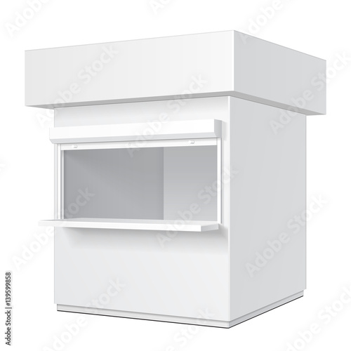 Promotional Or Trade Outdoor Kiosk, Stand, Newsstand. Open-fronted Hut Or Cubicle. Mock Up, Template. Illustration Isolated On White Background. Ready For Your Design. Product Advertising Vector EPS10
