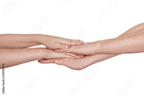 Four hands isolated on white background