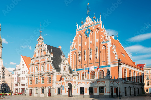 Riga, Latvia. Schwabe House At Town Hall Square, Ancient Historical Landmark