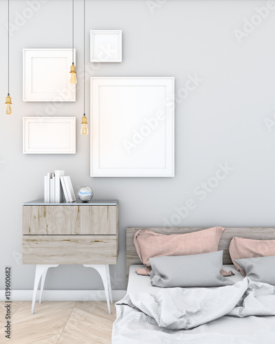 mock up poster frame in light bedroom modern style interior background. 3d viz