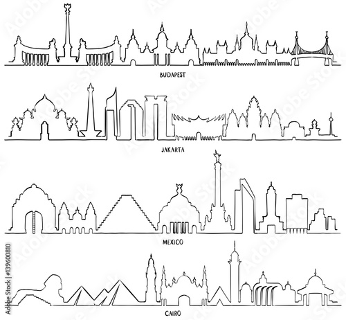 Travel and tourism line illustration. Mexico, Budapest, Jakarta and Cairo