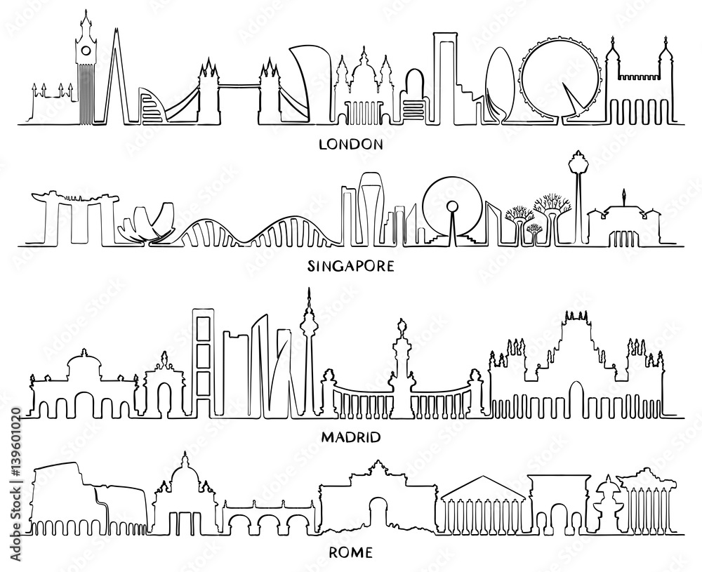 Cityscape Building Line, Vector Illustration design (London, Singapore, Madrid, Rome)