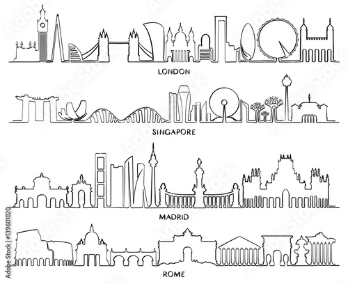 Cityscape Building Line, Vector Illustration design (London, Singapore, Madrid, Rome)