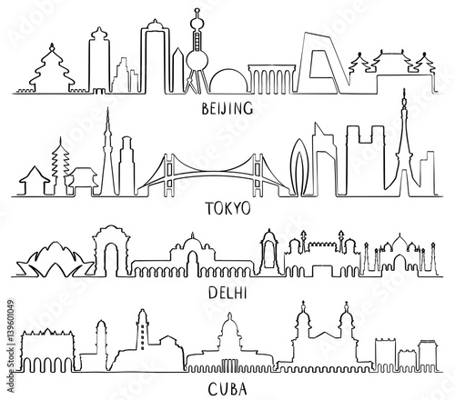 Outline Skyline with city Landmarks (Beijing, Tokyo, New Delhi, Cuba)