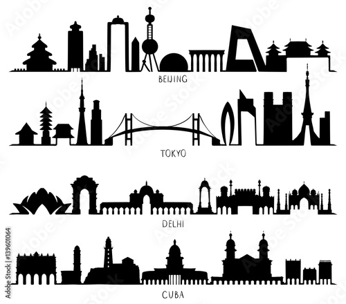 Skyline silhouette with city Landmarks (Beijing, Tokyo, New Delhi, Cuba)