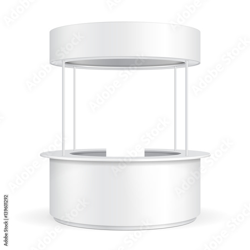Round POS POI Blank Empty Advertising Retail Stand Stall Bar Display With Roof, Canopy, Banner. On White Background Isolated. Mock Up Template Ready For Your Design. Product Advertising Vector EPS10