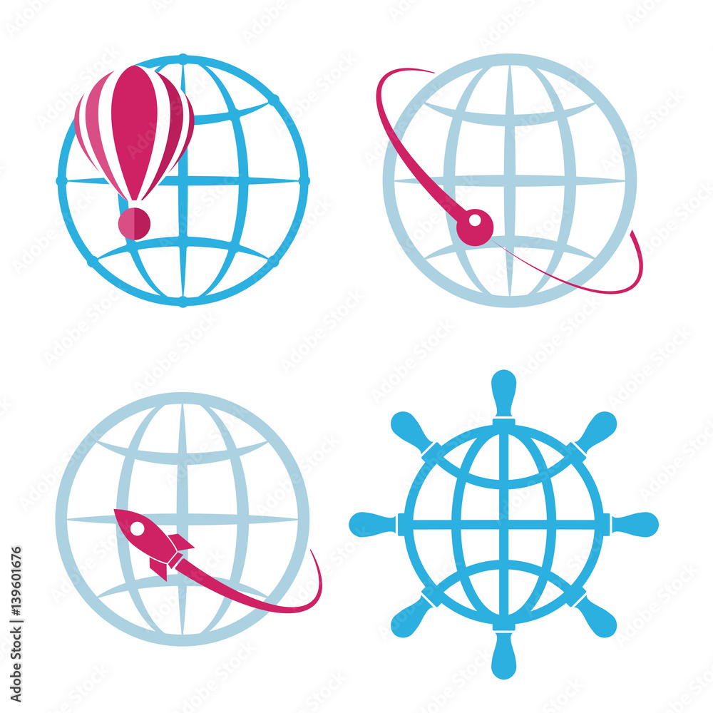 Set of vector abstract globe flying around different objects. Logotype isolated steering wheel and mesh Earth Set of vector abstract globe flying around different objects. Logotype isolated steering wheel and mesh Earth