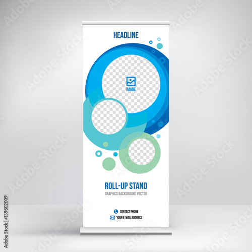 Roll-up banner to advertise the water Park, pools. Universal stylish blue background, template for placement of pictures and text