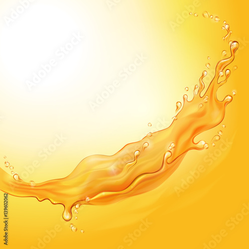 Orange liquid splash. Water, honey, butter, juice, beer, shampoo. Vector illustration.