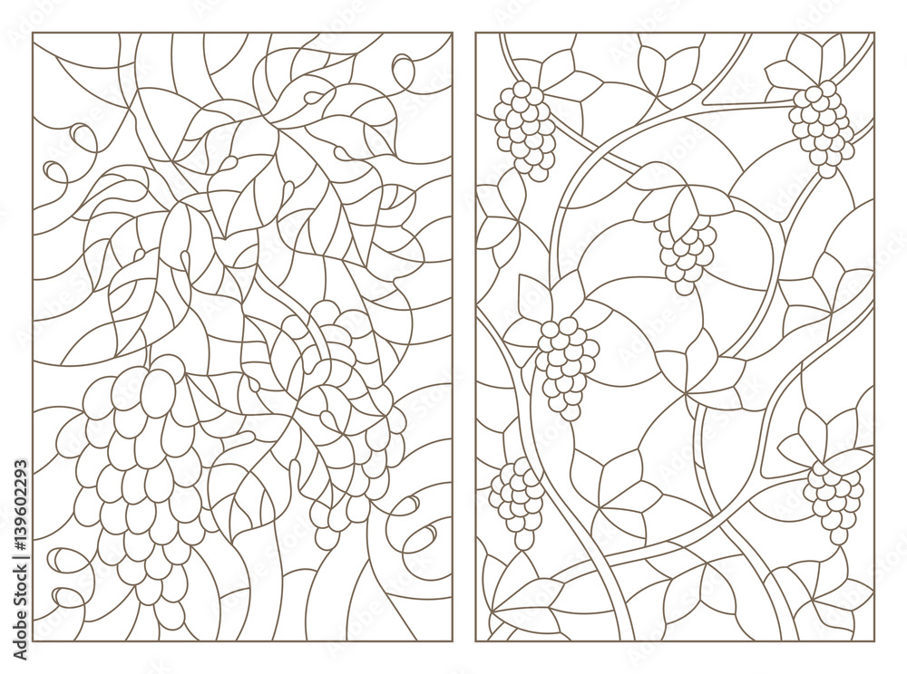 Set contour illustrations of stained glass with branches of grapes