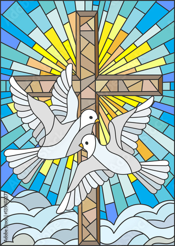 Illustration with a cross and a pair of white doves in the stained glass style