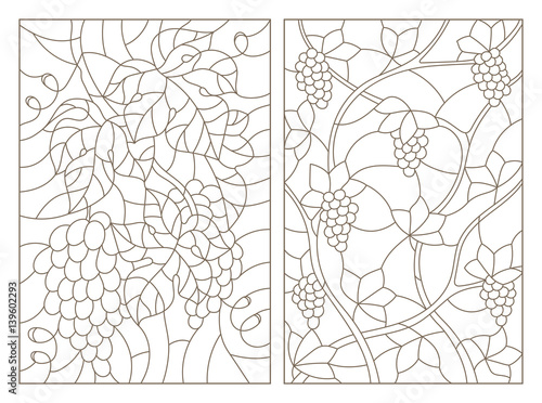 Set contour illustrations of stained glass with branches of grapes