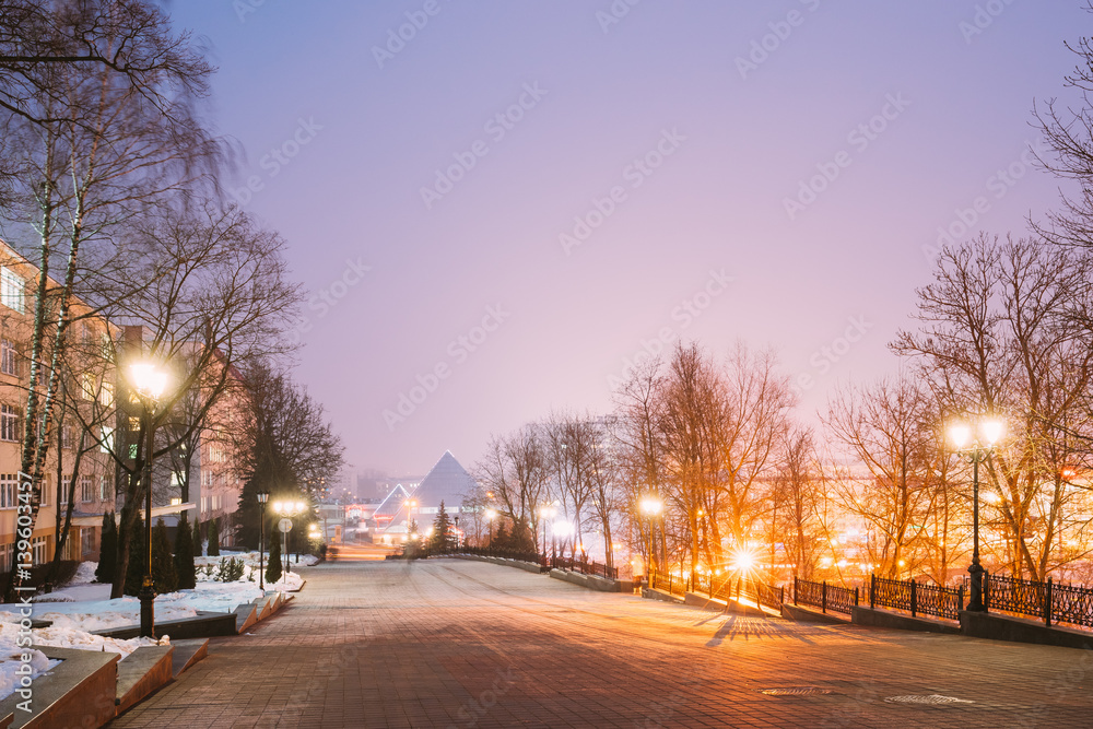 Night Street View Of Lenin With Gogol Street In Evening Or Night