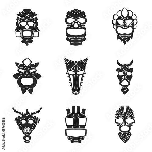 set of ancient tribal mask in black and white style