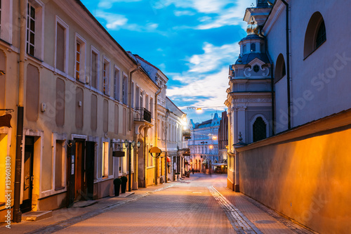Vilnius Lithuania. Deserted Illuminated Ausros Vartu Street,