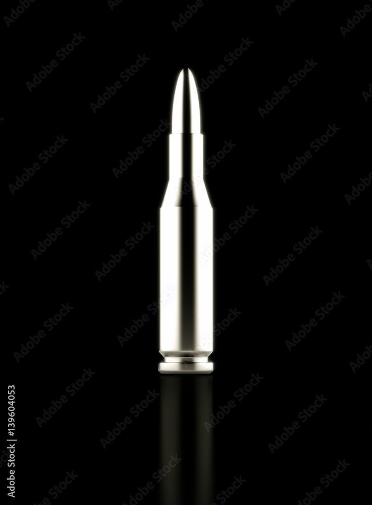 Close Up of Silver Rifle Round on Reflective Black Surface Close Up of Silver Rifle Round on Reflective Black Surface