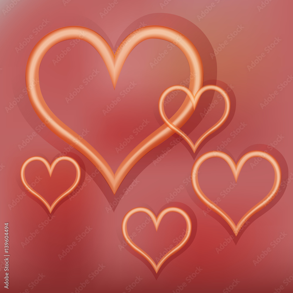 shining gold hearts on a red background shining gold hearts on a red background