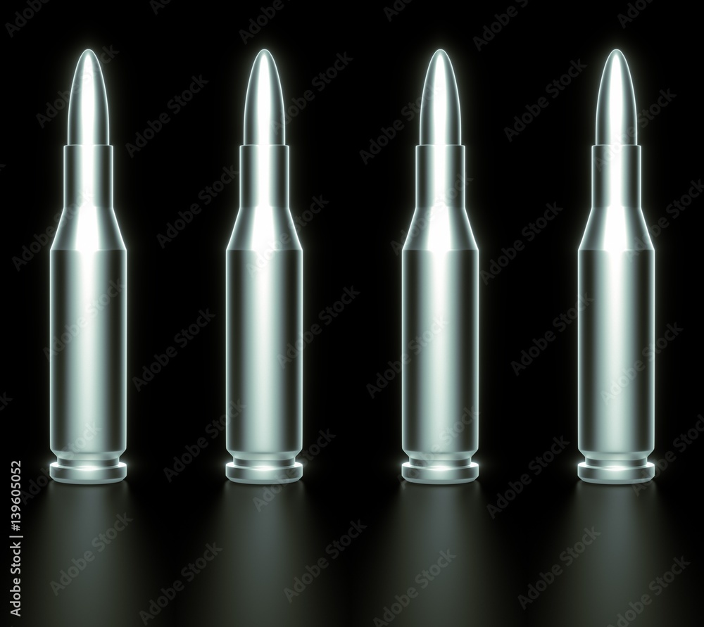Tiled Line of Steel Rifle Rounds on Rough Reflective Black Surface Tiled Line of Steel Rifle Rounds on Rough Reflective Black Surface
