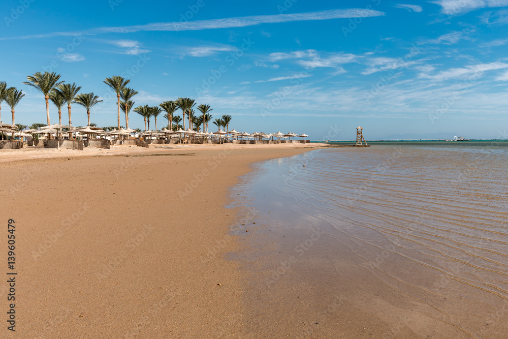 Paradise  landscape on  the beach, Sharm El Sheikh, Nabq bay, Egypt. Vacation on the beach of Red sea