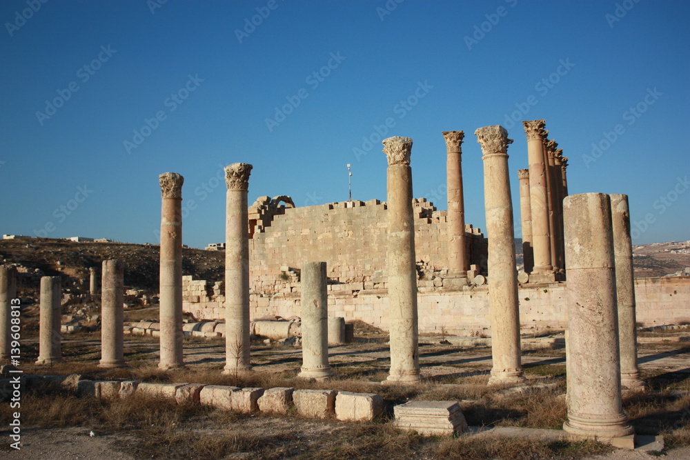 Historic columns in ancient Jerash in Jordan, Middle East