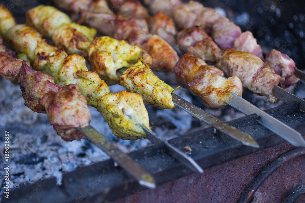 Meat fried on grill. Close up Meat fried on grill. Close up