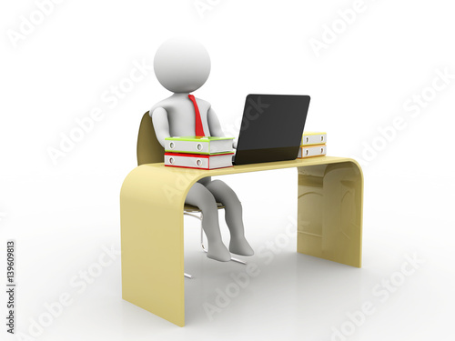 3d white man working at a laptop On the table in a white box Isolated render on a white background, 3d rendering