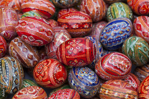 Traditional ukrainian wooden easter eggs in a street market.