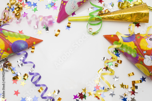 Greeting card for carnival party. hat and candles on white background. © sacura14