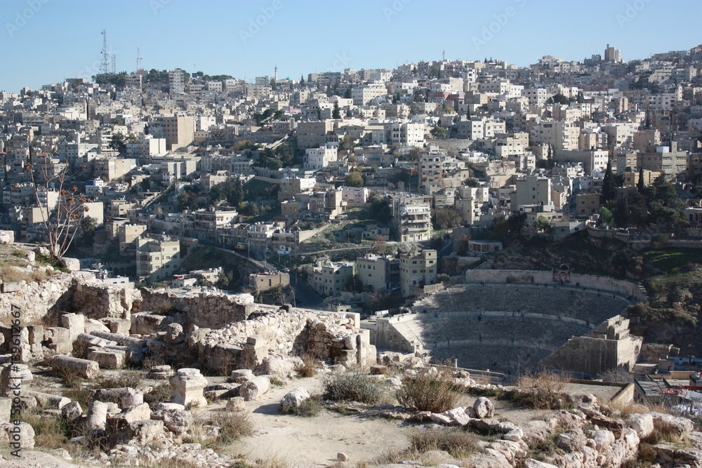 View from the Citadel to Amman and Roman Theater in Jordan, Middle East